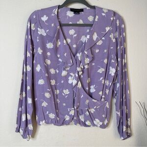 Sanctuary Floral Wrap Crop Top Lavender Ruffle Hem Puff Sleeve Rayon Size Small